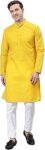 Majestic Man Men's Cotton Blend Regular Fit Casual Polyester Mandarin Collar Ethnic Motifs Embroidered Long Regular Kurta