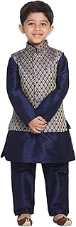 JBN Creation Boys Silk Blend Kurta Pyjama Jacket Set - Elegance for Festivals | Banarasi Jacquard Modi/Nehru Jacket and Kurta Pyjama Set |Traditional Attire with Embroidered Jacket for Kids