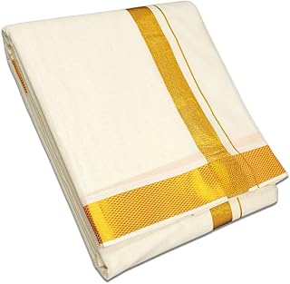 vimayam Pure Cotton Off White Dhoties, Golden Jari Cotton 4 Meter Dhoti and 2.25 Meter Towel Set 9X5
