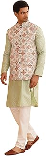 SOJANYA (Since 1958 Men's Silk Blend Self Design Pista Green Kurta With Pyjama & Cream Nehru Jacket