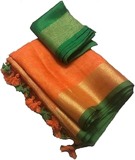 STB-SILK TEXTILES BHAGALPUR Women's Bhagalpuri Linen Saree With Blouse Piece (STB 025-SR_Orange)