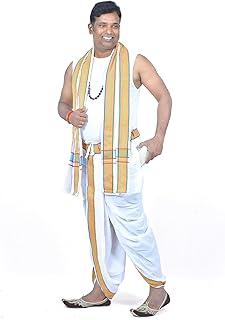TUNI MANI Men's Readymade Panchakacham Dhoti Pant, Angavasthram(Towel) Set with Pocket, Cotton, Free Size