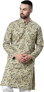 Majestic Man Men's Cotton Regular Fit Casual Mandarin Collar Ethnic Motifs Printed Long Regular Kurta