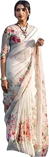 Sidhidata Women's Printed Linen Cotton Saree With Unstitched Blouse Piece (ST ChuiMui White_White_Free Size)