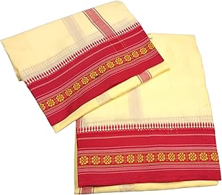 Rameshwaram Fabrics Cream-Beige Color Cotton Silk Dhoti for men, Soft & Comfortable Fabrics, Pooja Dhoti Set with Angwastram 9-5