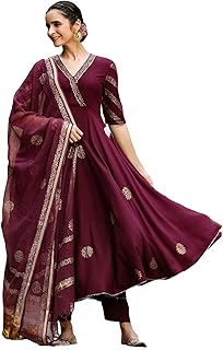 GoSriKi Women’s Elegant Wine Anarkali Kurta Set with Dupatta | Printed Traditional Soft Rayon Fabric