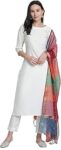 Janasya Women's Off-White Poly Silk Solid Kurta with Pant and Dupatta