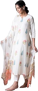 GoSriKi Women's Cotton Blend Straight Printed Kurta with Pant & Dupatta