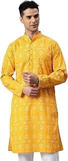 Majestic Man Men's Cotton Regular Fit Casual Mandarin Collar Ethnic Motifs Printed Long Regular Kurta