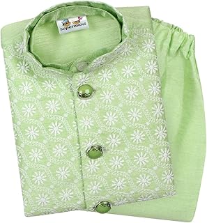 superminis Baby Boys Silk Printed Kurta Pyjama Set with Chikankari Nehru Jacket
