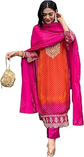GoSriKi Women Rayon Blend Straight Embroidered Kurta with Pant & Dupatta