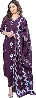 Arayna Women's Pure Cotton Bandhani Print Ethnic Kurta Set with Palazzo Pants & Dupatta