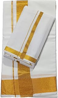 SMT Men's Traditional White Cotton Free Size Double Casual Style Dhoti/Lunge With Big Gold Border With 1-Angvastram Towel 1.80 Meters Length