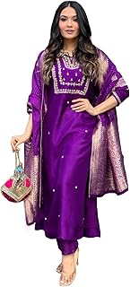GoSriKi Women's Silk Blend Straight Embroidered Kurta with Pant & Dupatta