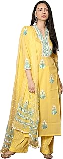 GoSriKi Women's Cotton Blend Straight Hand Block Printed Kurta with Pant & Dupatta