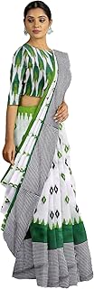 Radha Lakshmi Handicrafts Women's Ikat Hand Block Print Jaipuri Cotton Mulmul Saree with Blouse Piece White Green (mragini100)