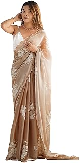 AKHILAM Women's Shimmer Organza Sequence Embroidery Saree With Unstitched Blouse Piece