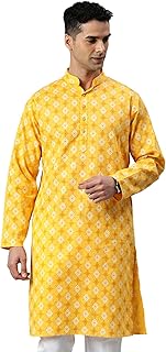 Majestic Man Men's Cotton Regular Fit Casual Mandarin Collar Ethnic Motifs Printed Long Regular Kurta