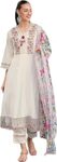 INDO ERA Women's Silk Blend Embroidered A-Line Kurta Pant with Dupatta Set