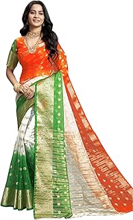 Satrani Women's Oraganza Printed & Jacquard Border Independence Day Special Tricolor Tiranga Saree With Unstitched Blouse Piece