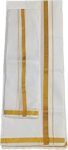 SMT Men's Traditional Cotton Single Dhoti Lunge with Big Gold Border.Plus 1 Angvastram Towel 1.80 Meters Length.(White, Free Size ).Set.A1