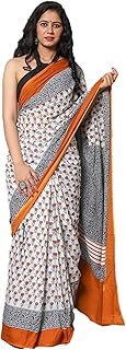 JALTHER Handicrafts Women's Ikat Hand Block Print Jaipuri Cotton Mulmul Saree with Blouse Piece