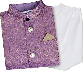 superminis Boy's Cotton Cottton Kurta With Golden Thread Work Nehru Jacket And Elastic Closure Pyjama Set